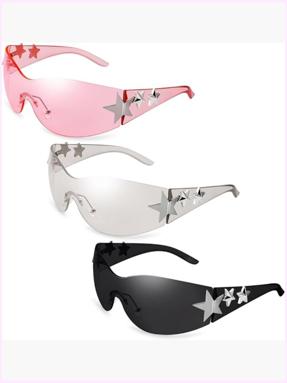 3 Pairs Y2K Sunglasses Shield Wrap Around Oversized Frameless Sun Glasses for